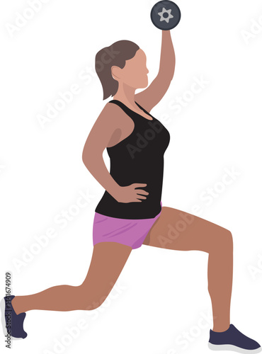 A young beautiful woman doing a Dumbbell Overhead Lunge exercise vector illustration