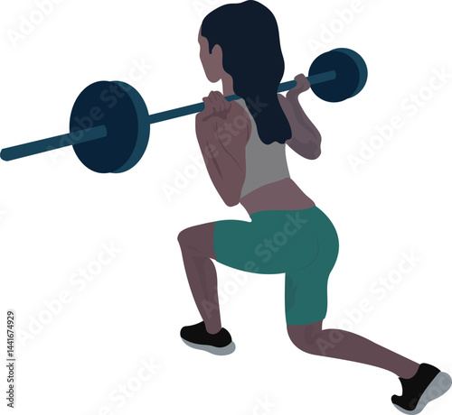 A young black woman doing Barbell Lunge exercise vector illustration