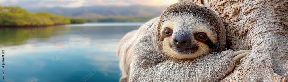 Naklejka premium Endangered species struggling with climate change impact concept. A charming sloth relaxes by the serene riverside, embodying tranquility.