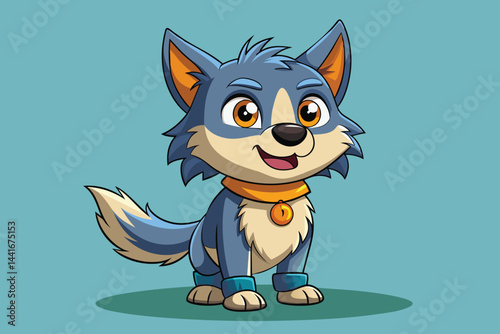 A lovable cartoon puppy stands smiling with bright blue fur, wearing an orange collar and light blue paw decorations. The playful character exudes joy and friendliness.