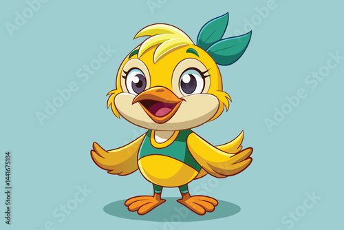 This vibrant character features a joyful expression, wearing a green headband and a matching outfit, happily engaging with viewers in a playful design.
