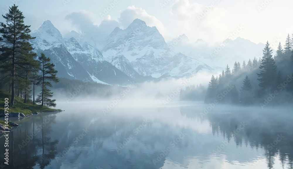Fototapeta premium Foggy Mountain Lake with Peaceful Reflections