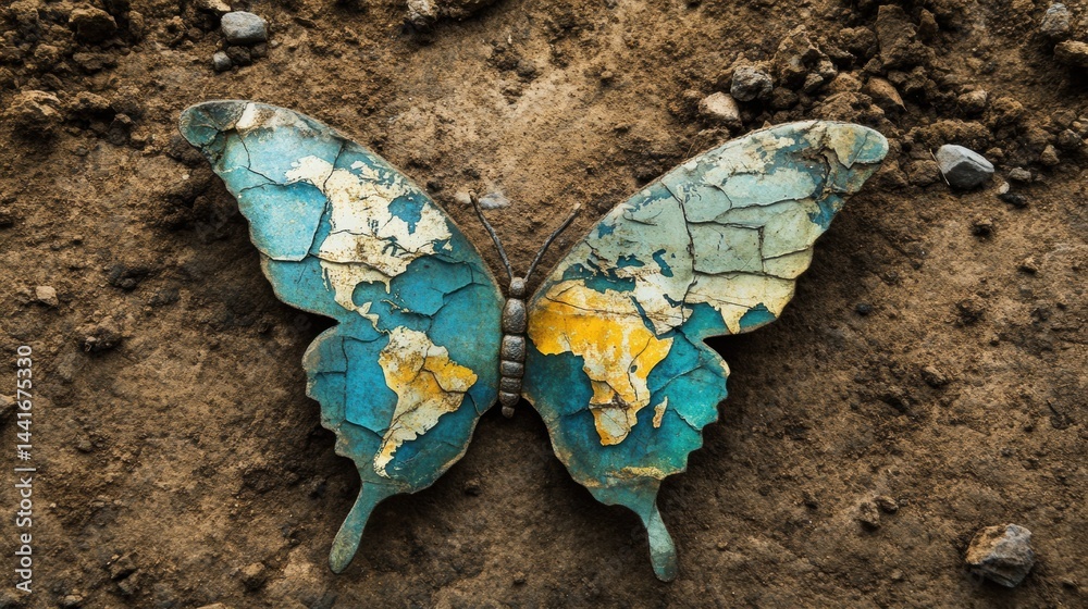 Butterfly Wing Representing a World Continent Symbolizes Fragility of Earth and the Connection Between Nature and Geography