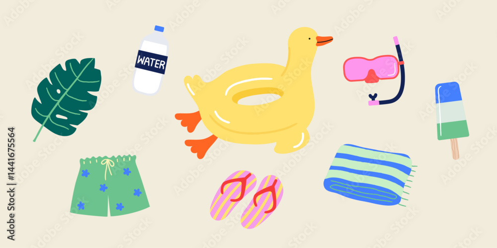 Summer Vector Illustration Set. Swim Goggles Slippers Beach Towel Water Trunks Duck Tube Popsicle Icecream