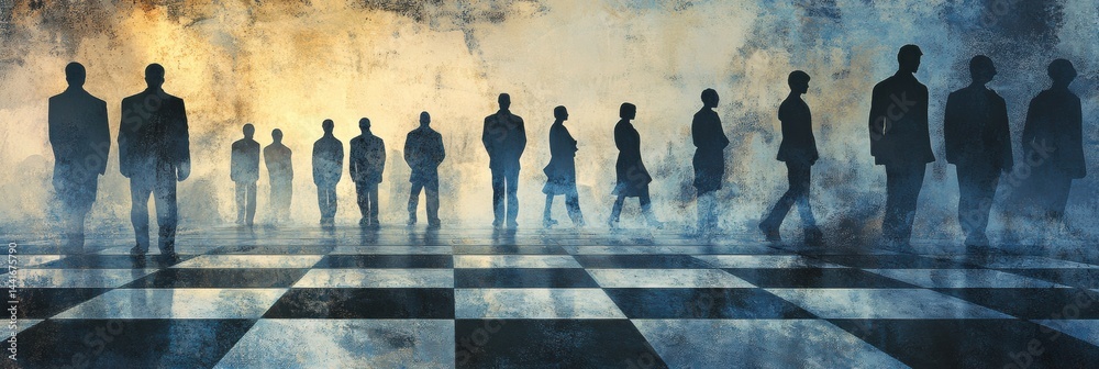 Chessboard Representation of Political Power Struggle With Stylized Silhouettes Signifying Conflict and Strategy