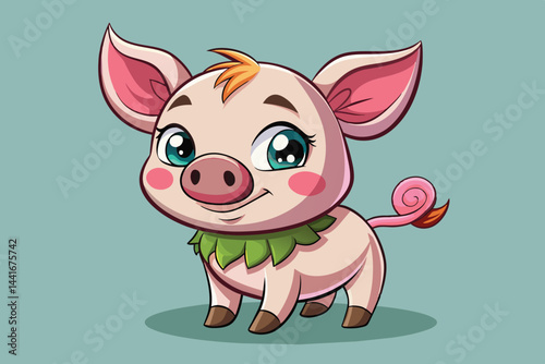 This adorable cartoon pig features big, expressive eyes and a cheerful smile. The pig is colored pink with a light green collar, creating a lively and friendly character.
