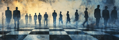 Obraz na płótnie Chessboard Representation of Political Power Struggle With Stylized Silhouettes Signifying Conflict and Strategy w salonie