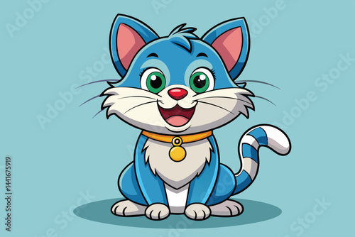 A friendly blue cat with vibrant green eyes and a playful expression sits on a soft blue background, wearing a bright yellow collar. Its big ears and bushy tail add charm.