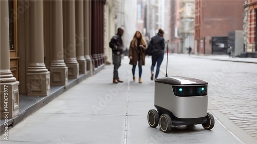 Futuristic delivery robot autonomously navigating city sidewalks and urban landscape