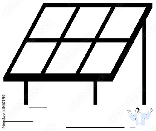 Large solar panel supported by a metallic frame, emphasizing clean energy. Scientist gestures toward innovation and eco-friendly solutions. Ideal for energy, environment, innovation, sustainability