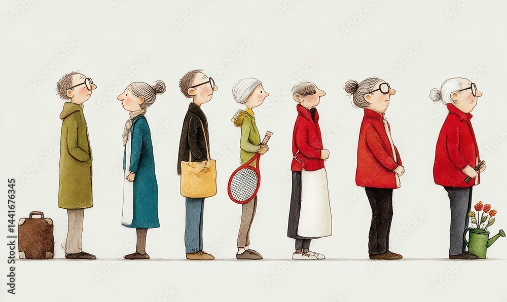 Obraz premium Side view of elderly people standing in a row with calm expressions, dressed in various coats and holding different objects including a suitcase, bag, tennis racket, and watering can with flowers