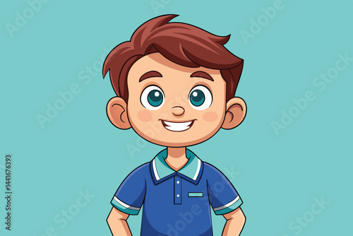 A young boy stands confidently with a friendly smile, showcasing his short brown hair and blue polo shirt, creating a bright and approachable atmosphere.