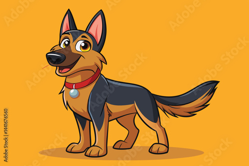 The cartoon representation of a German Shepherd features a happy stance with a wagging tail and an inviting smile, set against a vibrant orange backdrop.