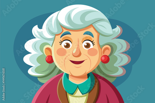An elderly woman with curly gray hair and bright earrings showcases a joyful expression, radiating warmth and friendliness in her colorful attire.