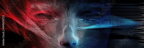 Mesh Scanning of a Human Face With Glowing Red and Blue Patterns Showcasing Advanced Technology in a Digital Environment