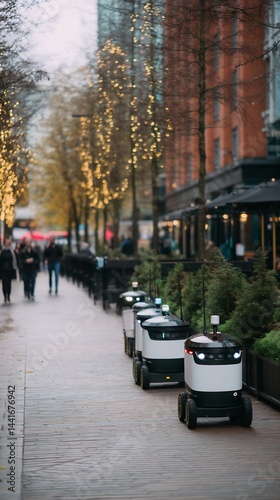 Autonomous delivery robots navigating a city sidewalk, integrating into urban life