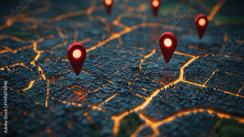 City map with multiple red location markers. Illuminated city streets and buildings on a dark background.