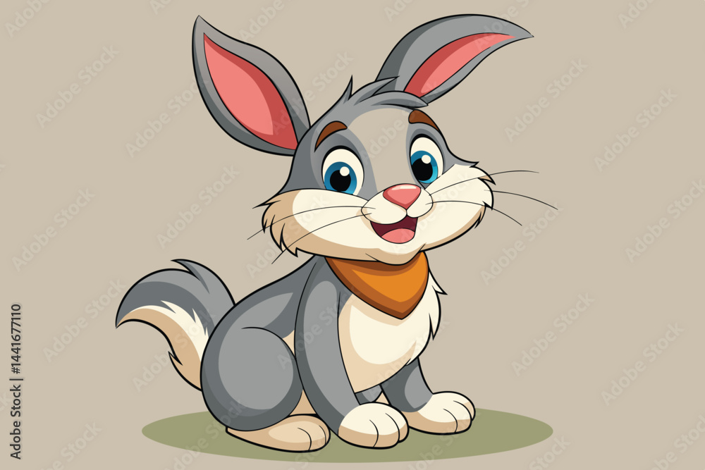 Fototapeta premium The cartoon-style rabbit sits happily, showcasing its bright blue eyes and large ears. Its friendly demeanor is enhanced by the scarf around its neck.