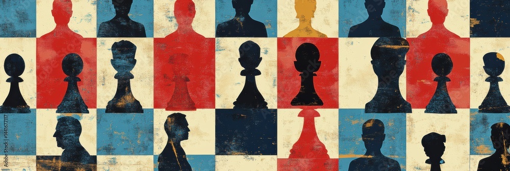 Chess Board With Silhouettes Representing Political Power Dynamics in a Strategic Confrontation