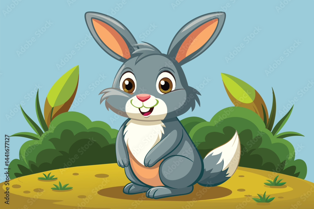 Fototapeta premium A cheerful cartoon rabbit with large ears and a fluffy tail stands on a patch of grass. Surrounded by lush greenery, it looks playful and inviting in daylight.
