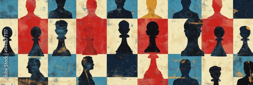 Obraz na płótnie Chess Board With Silhouettes Representing Political Power Dynamics in a Strategic Confrontation w salonie