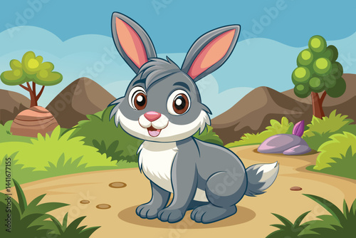A cheerful cartoon bunny with big ears and bright eyes sits on a dirt path surrounded by lush greenery and rocky hills under a blue sky.
