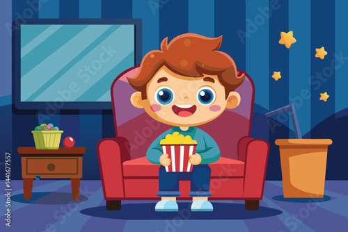 A young boy smiles joyfully while holding a bucket of popcorn, seated comfortably on a red couch in a cozy living room, perfect for movie time.