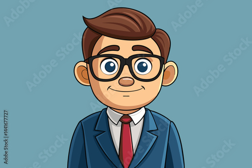 A young man with glasses and a neatly styled brown hair in a suit shows a friendly and confident smile, creating an inviting atmosphere in a professional setting.