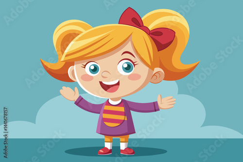 A happy cartoon girl with bright pigtails and a playful bow gestures cheerfully, showcasing her vibrant outfit in a colorful, minimalistic setting.