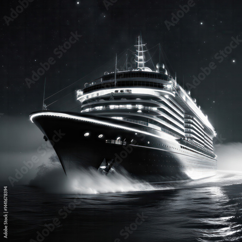 A dramatic, high-contrast black and white cinematic photograph of a sleek, 1930 cruise ship sailing through the dark, moonless night, its elegant hull gleaming with subtle highlights