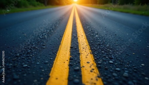 Dark asphalt road with yellow lines, close-up, yellow, lines