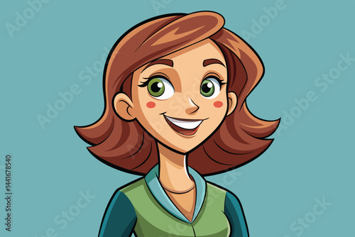 A cheerful animated character with short brown hair and green eyes smiles warmly. Dressed in a green top, she exudes a friendly and approachable vibe.