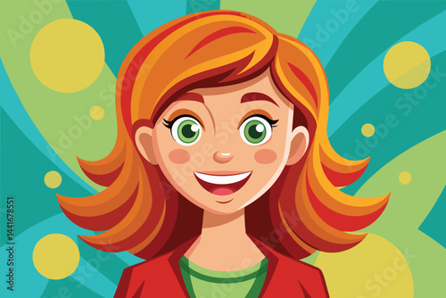 A joyful animated character with striking red hair and bright green eyes smiles warmly, surrounded by a lively backdrop of colorful shapes and patterns.