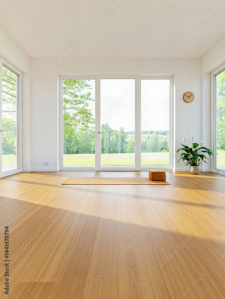 Fototapeta premium Bright minimalist yoga room with large windows, wooden floor, yoga mat, and peaceful nature view for meditation and wellness