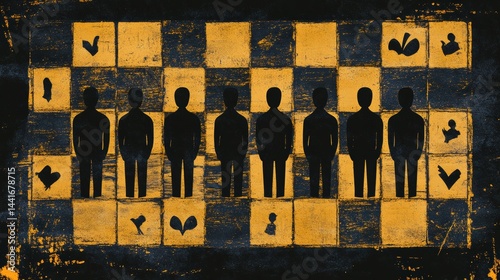 Obraz na płótnie Stylized Silhouettes on Chess Board Represent Political Power Struggle and Strategy Dynamics in a Thought-Provoking Display of Human Conflict w salonie