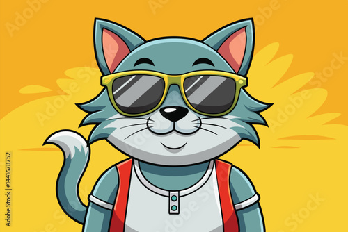 The cartoon cat, adorned in stylish sunglasses and a vibrant shirt, radiates a playful vibe with its charming smile against a cheerful yellow backdrop.