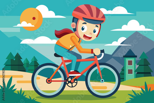 On a bright day, a cheerful girl rides her bicycle along a trail, smiling as she passes by lush green trees and a picturesque landscape.