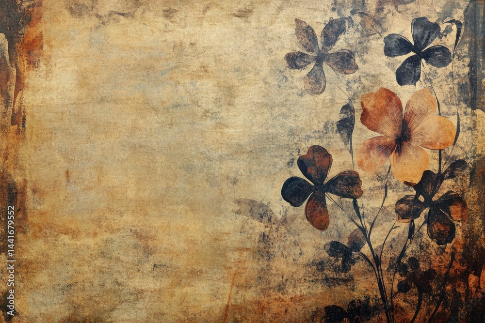 Vintage Scrapbook Background Featuring Artistic Ink Stamps and Textured Floral Elements in a Grunge Style