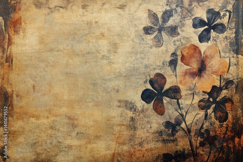 Obraz na płótnie Vintage Scrapbook Background Featuring Artistic Ink Stamps and Textured Floral Elements in a Grunge Style w salonie