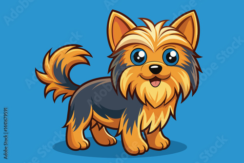 A playful cartoon Yorkshire Terrier stands happily with its tail wagging and tongue out, showcasing vibrant fur colors against a bright blue backdrop.