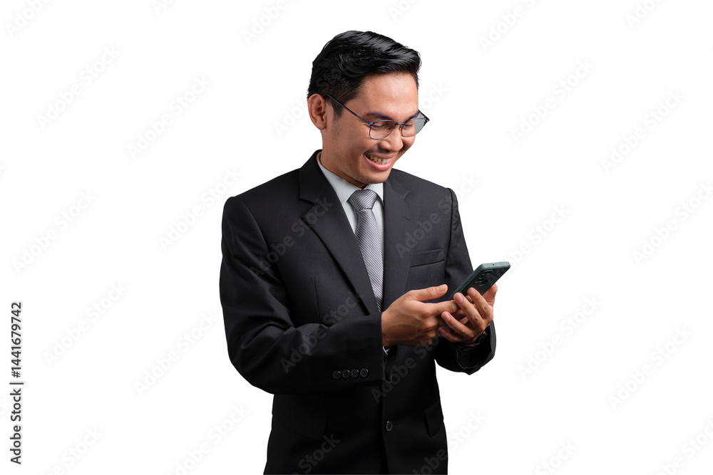 Smiling Asian businessman in suit using smartphone, typing message, isolated on transparent background Smiling Asian businessman in suit using smartphone, typing message, isolated on transparent background