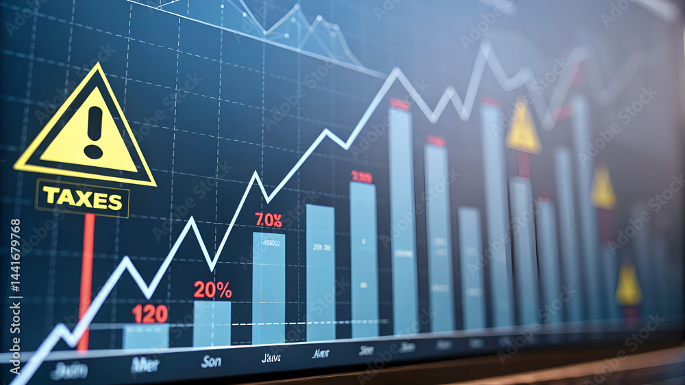 Fototapeta premium Tax Hikes Revenue Economic Impact Chart depicting tax data with warning signs, showcasing financial trends and statistics.
