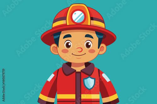A young, animated firefighter smiles warmly while wearing a bright red uniform and helmet, showcasing a friendly approach to fire safety and service.