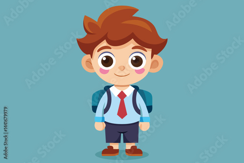 A young boy with a friendly smile wears a school uniform complete with a tie and backpack, ready for a day of learning and adventure in a vibrant environment.