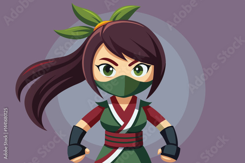 The confident ninja character, dressed in green and wearing a headband, displays a strong stance and fierce expression, ready for action in a minimalistic setting.