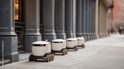 Autonomous delivery robots aligned on a city sidewalk creating futuristic scene
