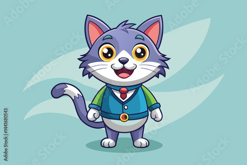 A cheerful cartoon cat with big eyes is dressed in a suit and tie, standing confidently against a soft blue background, exuding a friendly vibe.