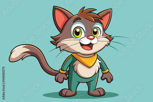 A playful cartoon cat character smiles brightly, showcasing its unique outfit and vibrant expressions, ideal for engaging children's content or entertainment.