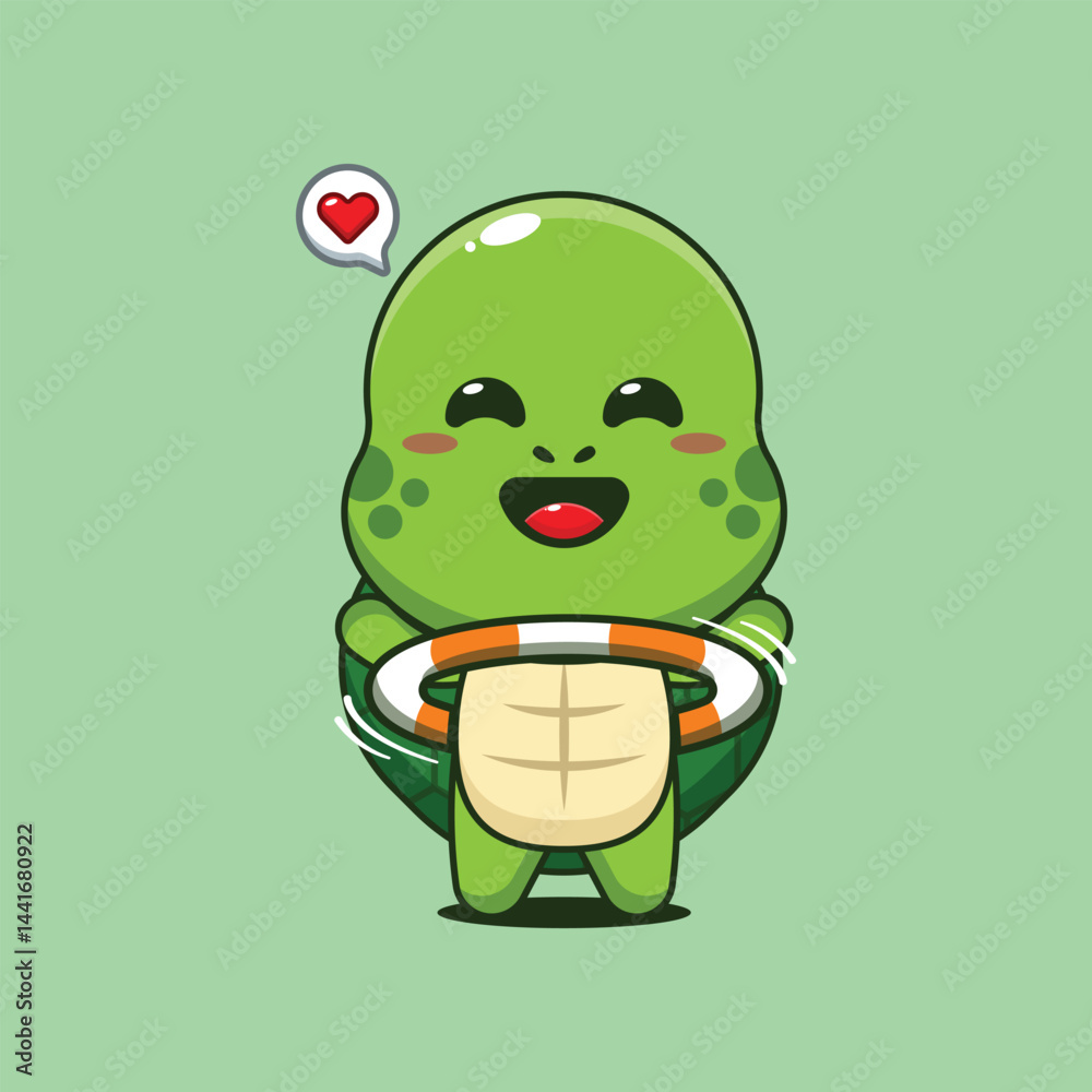 Fototapeta premium Cute turtle cartoon vector illustration playing hula hoop