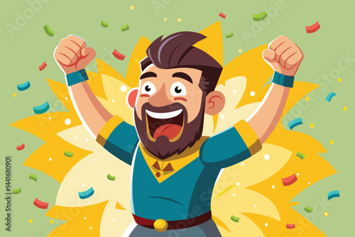 A cheerful character is expressing excitement with raised arms surrounded by colorful confetti, radiating a fun and festive energy in a lively setting.